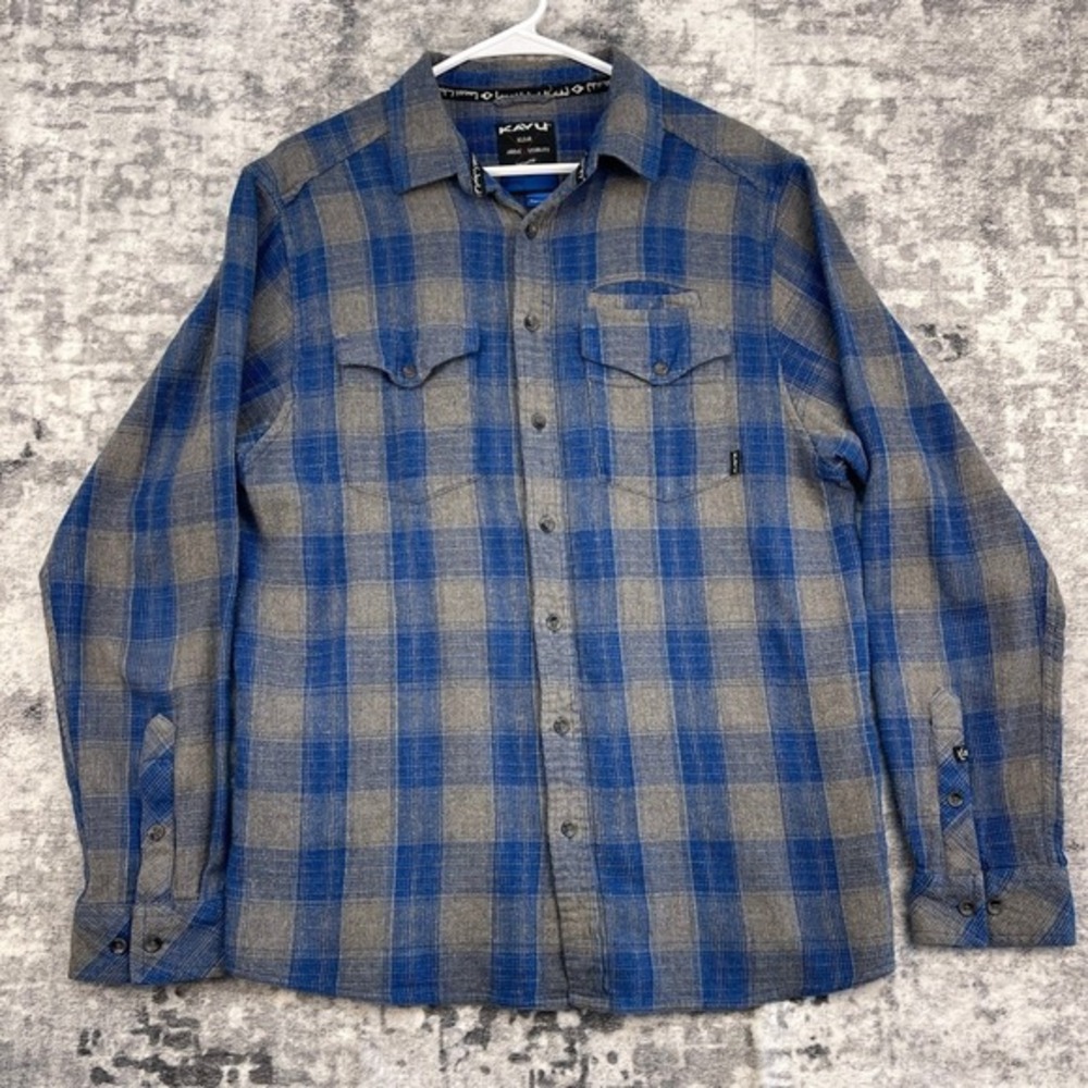 Kavu Men XL Flannel Shirt Blu Grey Plaid Long Sleeve Cotton Button Down Gorpcore